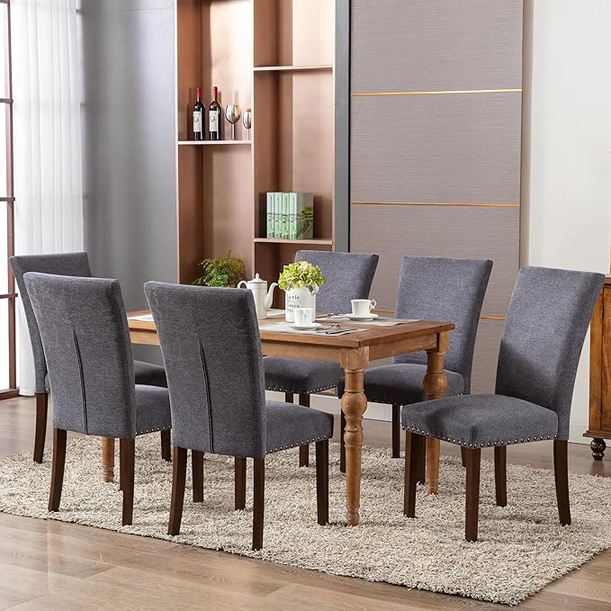 COLAMY Upholstered Parsons Dining Chairs Set of 6, Fabric Dining Room Kitchen Side Chair with Nailhead Trim and Wood Legs - Dark Grey - LeafyLoom