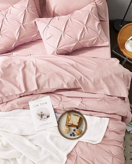 Bedsure Pink Comforter Set Queen - Bed in a Bag Queen 7 Pieces, Pintuck Bedding Sets Pink Bed Set with Comforter, Sheets, Pillowcases & Shams - LeafyLoom