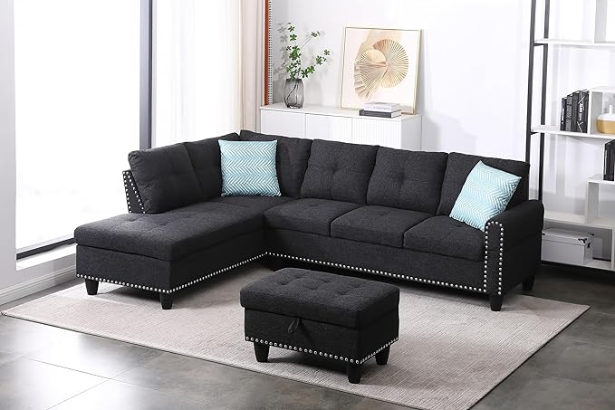Living Room Sectional Sofa Set with Storage Ottoman, L Shape Linen Upholstered Modular Couch & Chaise Lounge, Flip-up Armrest Cup Holder, Furniture for Home Office, 98, Charcoal Gray-1 - LeafyLoom
