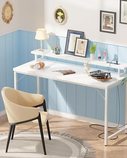 55 inch Computer Desk with Power Outlets, Office Desk Gaming desk with LED Lights, Home Office Desk with Monitor Shelf, Modern Work Desk Study Writing Table for Bedroom, White - LeafyLoom