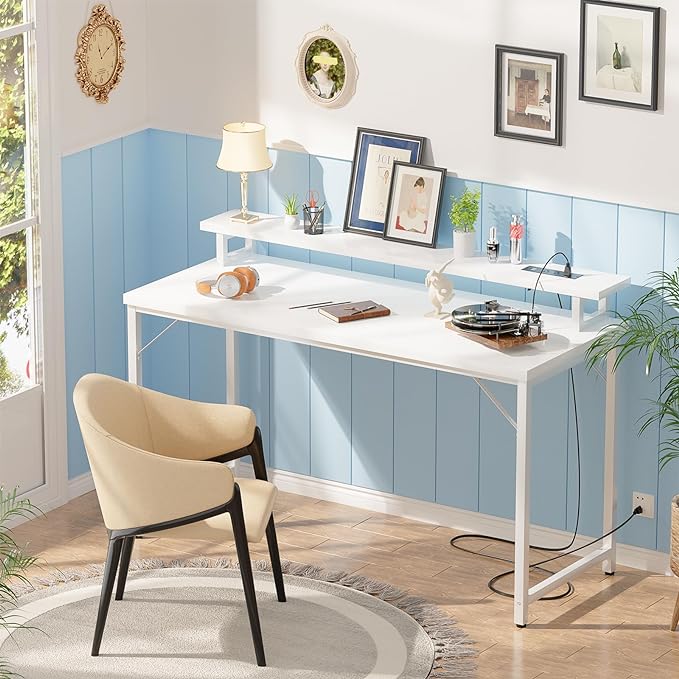 47 inch Computer Desk with Power Outlets, Gaming Desk with LED Lights, Home Office Work Desk with Monitor Shelf, Modern Office Desk Study Writing Table for Small Spaces, White - LeafyLoom