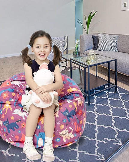 Stuffed Animal Storage Bean Bag Chair Cover, Hold Kids Plush Toys Blankets Towels Beanbag (Cover Only), Canvas Floor Circle Stuff Sit Seat Sofa with YKK Zipper, Large 32", Cat - LeafyLoom