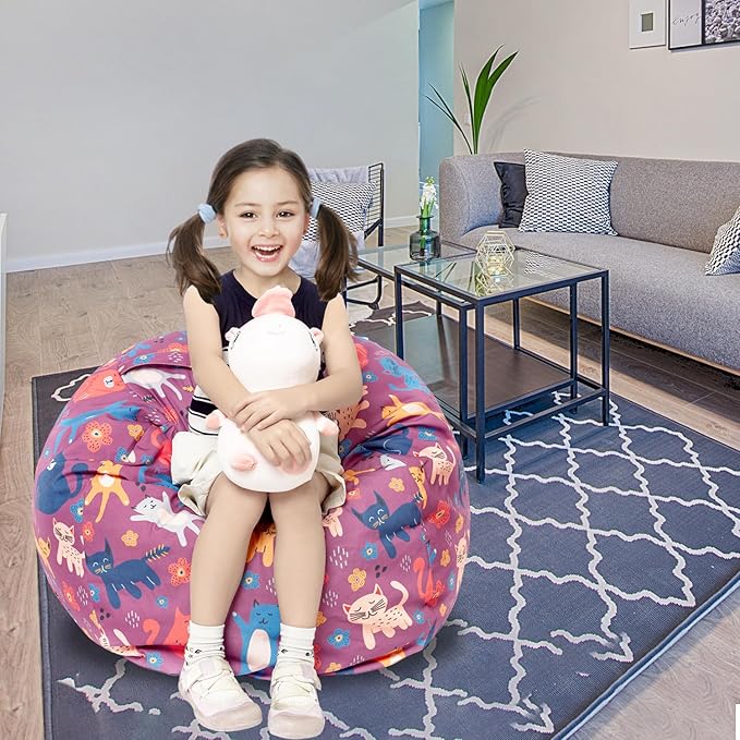 Stuffed Animal Storage Bean Bag Chair Cover, Hold Kids Plush Toys Blankets Towels Beanbag (Cover Only), Canvas Floor Circle Stuff Sit Seat Sofa with YKK Zipper, Large 32", Cat - LeafyLoom