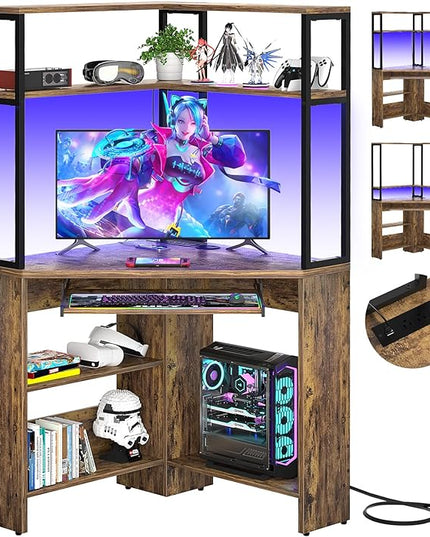 Cyclysio Small Corner Desk with Hutch, Heavy Duty Corner Computer Desk with Power Outlets & LED Light, Triangle Corner Gaming Desk with Keyboard Tray for Home Office, Small Space, Workstation Brown - LeafyLoom