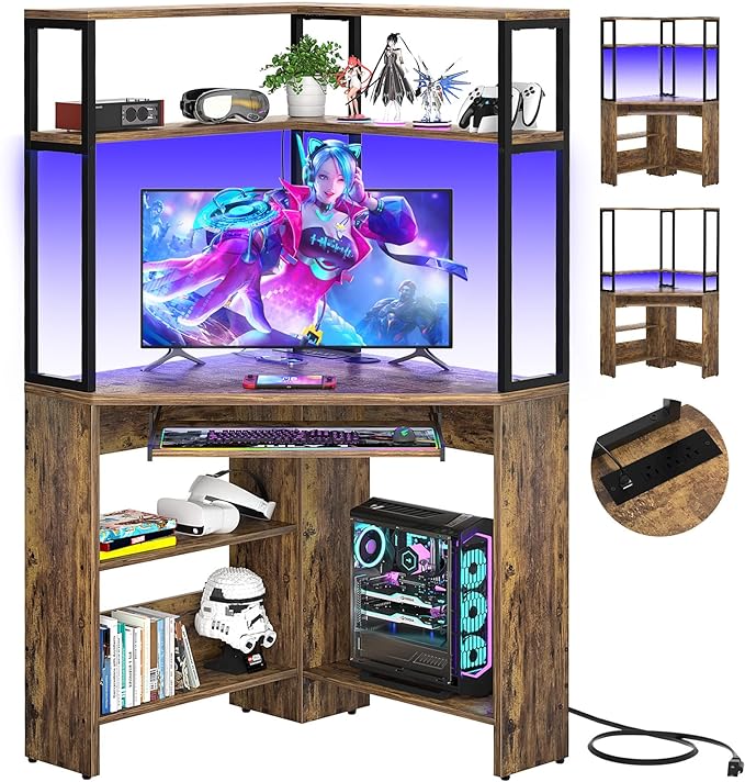 Cyclysio Small Corner Desk with Hutch, Heavy Duty Corner Computer Desk with Power Outlets & LED Light, Triangle Corner Gaming Desk with Keyboard Tray for Home Office, Small Space, Workstation Brown - LeafyLoom