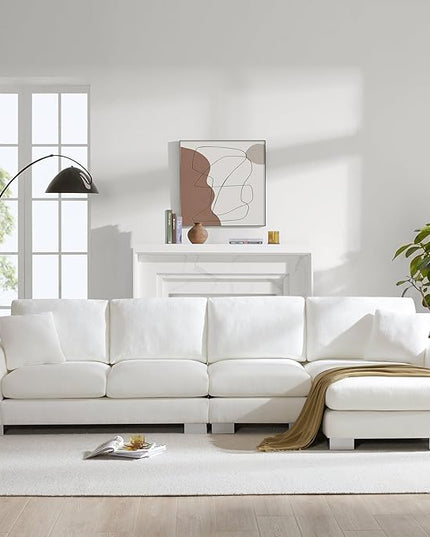 119" Sectional Sofa, L-Shaped Couch Set with 2 Free Pillows and Chaise, 5-seat Chenille Indoor Furniture for Living Room, Apartment, Office, 119inch, White - LeafyLoom