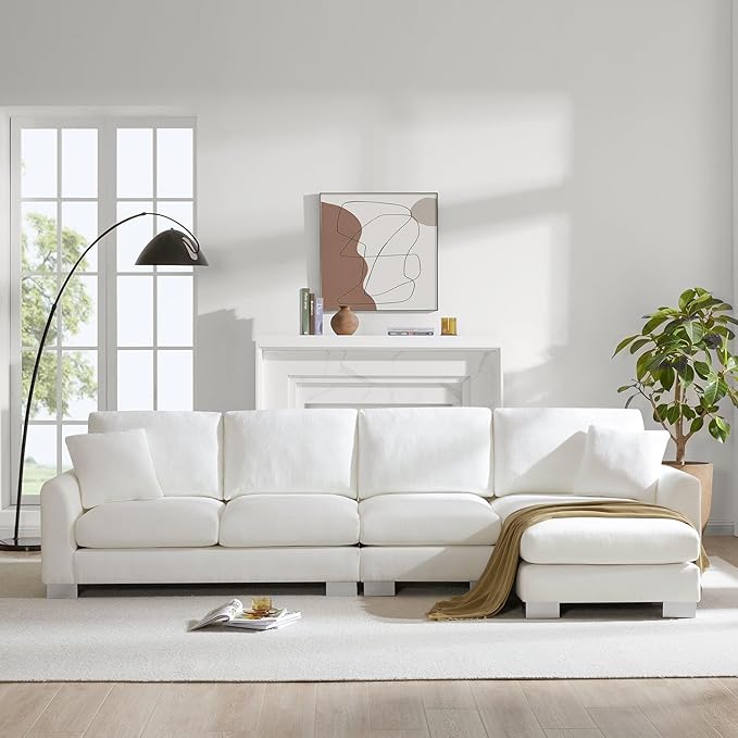 119" Sectional Sofa, L-Shaped Couch Set with 2 Free Pillows and Chaise, 5-seat Chenille Indoor Furniture for Living Room, Apartment, Office, 119inch, White - LeafyLoom