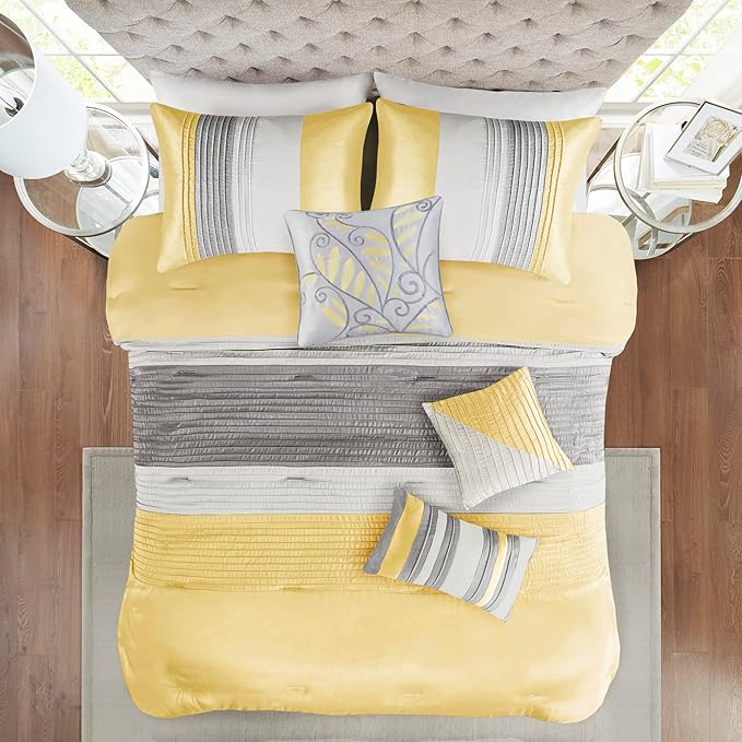 Madison Park Amherst Faux Silk Comforter Set-Casual Contemporary Design All Season Down Alternative Bedding, Matching Shams, Bedskirt, Decorative Pillows, King(104"x92"), Yellow, 7 Piece (MP10-2449) - LeafyLoom
