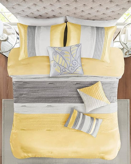 Madison Park Amherst Faux Silk Comforter Set-Casual Contemporary Design All Season Down Alternative Bedding,Matching Shams, Bedskirt,Decorative Pillows,Cal King(104'x92'),Yellow,7 Piece (MP10-2450) - LeafyLoom