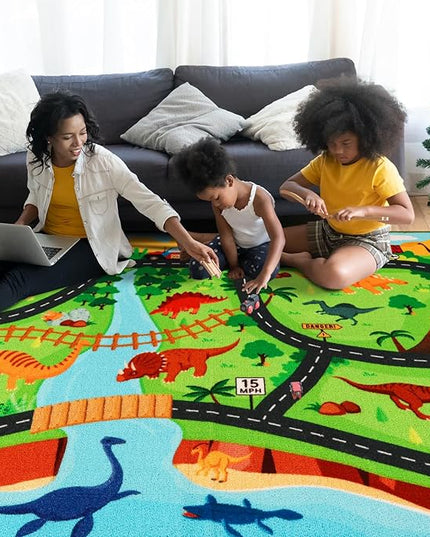 Kids Carpet Playmat Rug,78.7"x59" Dinosaur Car Rugs for Kids Toy Cars,Non Slip Dino Safari Road Map Kids Rug for Playroom Bedroom Boys,Kids Play Mat Road Rug,Track Rug Car Play Carpet for Kids - LeafyLoom