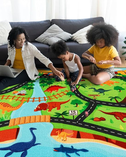 Kids Carpet Playmat Rug,59"X39.4" Dinosaur Car Rugs for Kids Toy Cars,Non Slip Dino Safari Road Map Kids Rug for Playroom Bedroom Boys,Kids Play Mat Road Rug,Track Rug Car Play Carpet for Kids - LeafyLoom