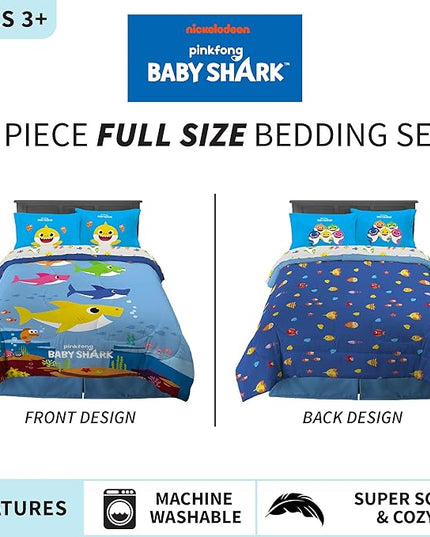 Franco Kids Bedding Super Soft Comforter and Sheet Set, 5 Piece Full Size, Baby Shark - LeafyLoom