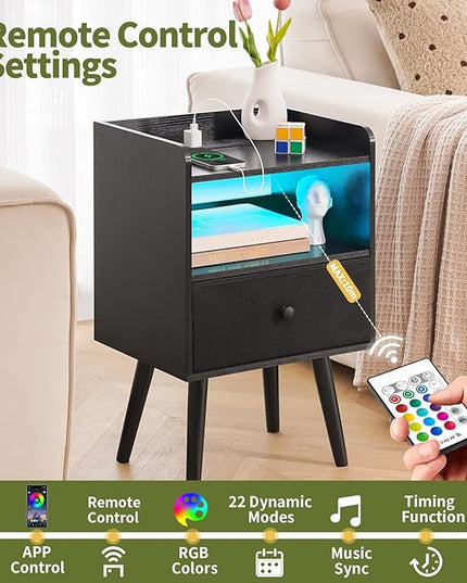 Yoobure Nightstand with Charging Station, Modern Night Stand with LED Lights, Wood Nightstands with Fabric Drawer & Storage Shelf, Night Stands Bedside Table with USB Ports for Bedroom, Office, Home - LeafyLoom