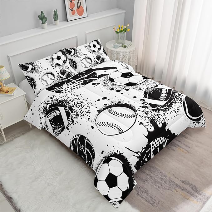 Axolotl Ball Sports Comforter Set Twin,Football Soccer Bedding Set,Football Baseball Game Comforter Set,Baseball Bedding Set,Hip Hop Graffiti Artwork Bedding for Boys Kids Men,1 Quilt 2 Pillowcases - LeafyLoom