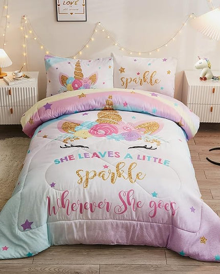 Full Size Comforter Set for Girls, 5-Piece Bed in a Bag, 3D Colorful Unicorn Bedding Comforter Sheet Set, Ultra Soft and Fluffy, Pink & Rainbow Color - LeafyLoom