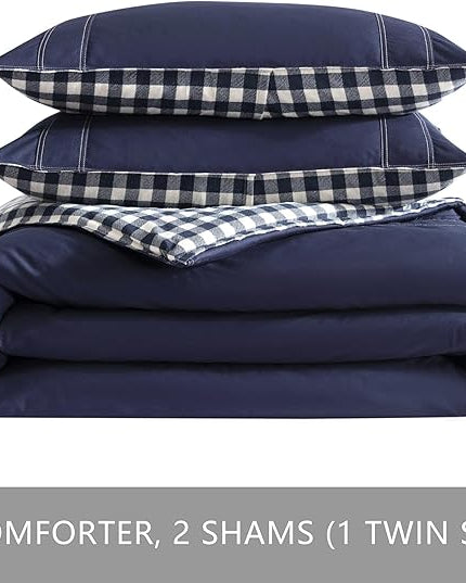 Eddie Bauer - Queen Comforter Set, Reversible Cotton Bedding with Matching Shams, Pre-Washed for Added Softness (Kingston Navy, Queen) - LeafyLoom