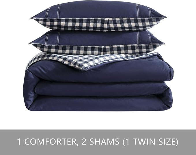 Eddie Bauer - King Comforter Set, Reversible Cotton Bedding with Matching Shams, Pre-Washed for Added Softness (Kingston Navy, King) - LeafyLoom