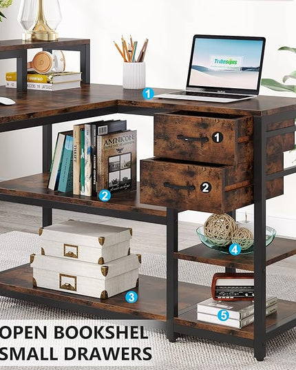 Reversible L-Shaped Computer Desk with hutch & Shelf,rustic - LeafyLoom