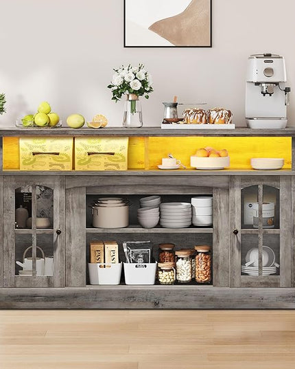YITAHOME Sideboard Buffet Cabinet, 58'' Large Coffee Bar Cabinet with LED Light & Power Outlet, Farmhouse Storage Cabinets with Adjustable Shelves and Glass Doors for Kitchen, Living Room, Rustic Grey - LeafyLoom