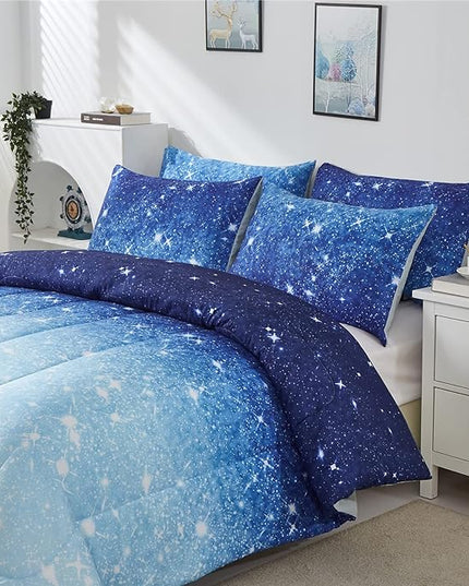 Blue Glitter Comforter Set Full/Queen Size for Boys Girls, Sparkle Galaxy Twinkle Starlight Kids Teen, 3 Piece Aqua Navy Ombre Bedding with 2 Pillow Cases(Blue,Queen), Queen(3-Piece) - LeafyLoom
