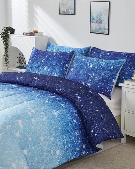 Blue Glitter Comforter Set Twin Size for Boys Girls, Sparkle Galaxy Twinkle Starlight Comforter for Kids Teen, 2 Piece Aqua Blue Navy Ombre Bedding Set with 1 Pillow Case(Blue,Twin) - LeafyLoom