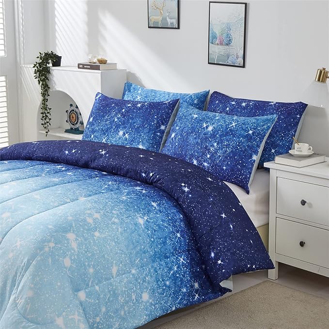 Blue Glitter Comforter Set Twin Size for Boys Girls, Sparkle Galaxy Twinkle Starlight Comforter for Kids Teen, 2 Piece Aqua Blue Navy Ombre Bedding Set with 1 Pillow Case(Blue,Twin) - LeafyLoom
