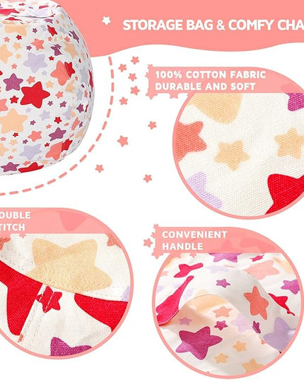 Wekapo Stuffed Animal Storage Bean Bag Chair Cover for Kids | Stuffable Zipper Beanbag for Organizing Children Plush Toys Large Premium Cotton Canvas (Large star, X-Large) - LeafyLoom