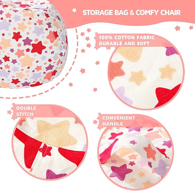 Wekapo Stuffed Animal Storage Bean Bag Chair Cover for Kids | Stuffable Zipper Beanbag for Organizing Children Plush Toys Large Premium Cotton Canvas (Large star, X-Large) - LeafyLoom