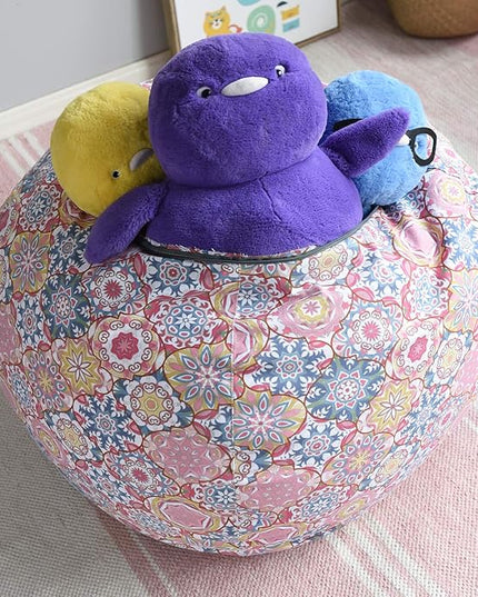 YuppieLife Kids Storage Bean Bag Cover（No Filling） Toy Organizer|Carrying Handle Sofa|Available for Kids and Teenager|Cuddle Chair|Machine Washable and Durable（27“,Pink Flowers） - LeafyLoom