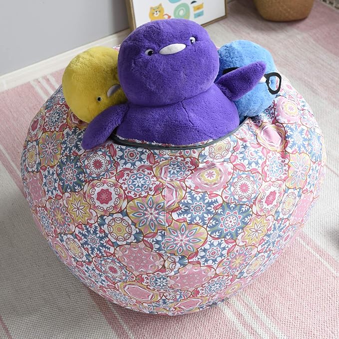 YuppieLife Kids Storage Bean Bag Cover（No Filling） Toy Organizer|Carrying Handle Sofa|Available for Kids and Teenager|Cuddle Chair|Machine Washable and Durable（27“,Pink Flowers） - LeafyLoom
