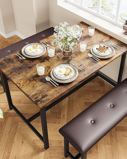 Kitchen Table with Benches, Dining Table Set for 4, Rectangular Dining Room Table Set with 2 Upholstered Benches, 3 Piece Kitchen Table Set for Small Space, Apartment, Studio, Retro Brown - LeafyLoom