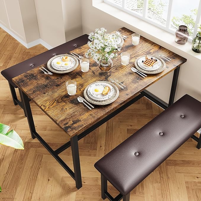Kitchen Table with Benches, Dining Table Set for 4, Rectangular Dining Room Table Set with 2 Upholstered Benches, 3 Piece Kitchen Table Set for Small Space, Apartment, Studio, Retro Brown - LeafyLoom