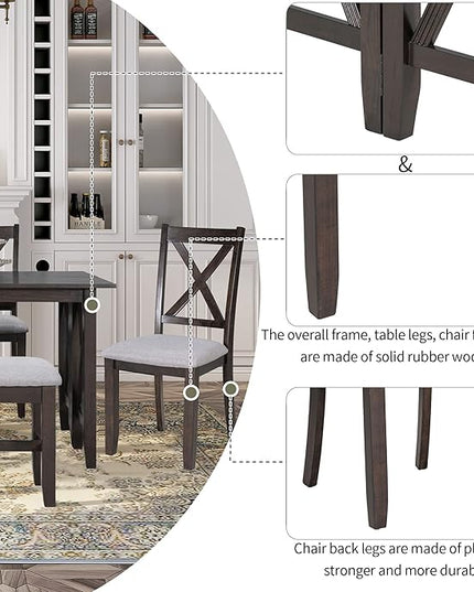 Dining Table Set for 6, 6-Piece Foldable Dining Room Set, Solid Wood Foldable Table and 4 Chairs with Bench for Dining Room, Living Room, Espresso - LeafyLoom