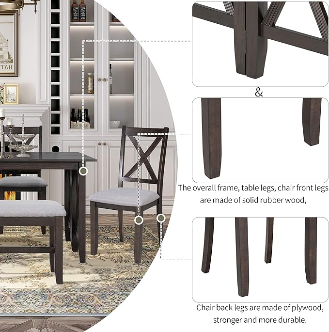 Dining Table Set for 6, 6-Piece Foldable Dining Room Set, Solid Wood Foldable Table and 4 Chairs with Bench for Dining Room, Living Room, Espresso - LeafyLoom