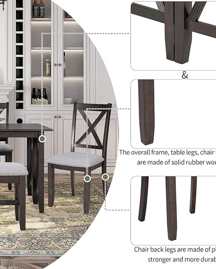 Comfortable Room 6-Piece Rustic Dining, Solid Wood Furniture Set with Foldable Table, 4 Padded Chairs, and 1 Bench, Ideal for Kitchen and Family Gatherings, Espresso - LeafyLoom