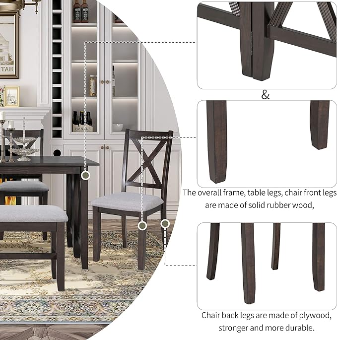 Comfortable Room 6-Piece Rustic Dining, Solid Wood Furniture Set with Foldable Table, 4 Padded Chairs, and 1 Bench, Ideal for Kitchen and Family Gatherings, Espresso - LeafyLoom