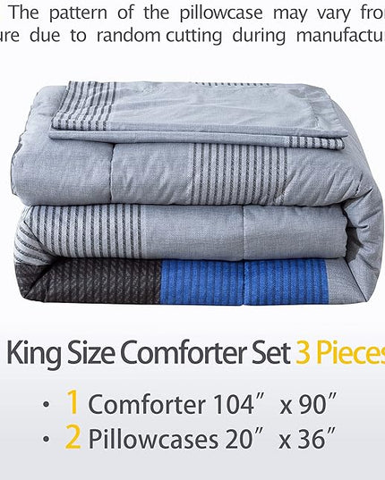 Andency Stripe Blue Comforter Set King Size, 3 Pieces Gray and Blue Patchwork Striped Comforter(104x90 Inch), Soft Microfiber Down Alternative Comforter Bedding Set with Corner Loops - LeafyLoom