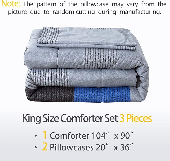 Andency Stripe Blue Comforter Set King Size, 3 Pieces Gray and Blue Patchwork Striped Comforter(104x90 Inch), Soft Microfiber Down Alternative Comforter Bedding Set with Corner Loops - LeafyLoom