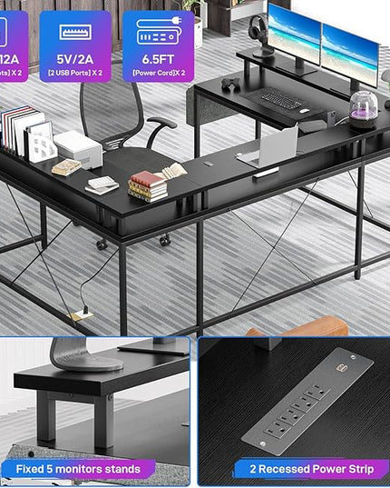 U Shaped Computer Gaming Desk, Reversible L Shaped Desk with Power Outlets, LED Strip & Monitor Stand, Large Corner Desk with Storage Shelves for Home Office, Black - LeafyLoom