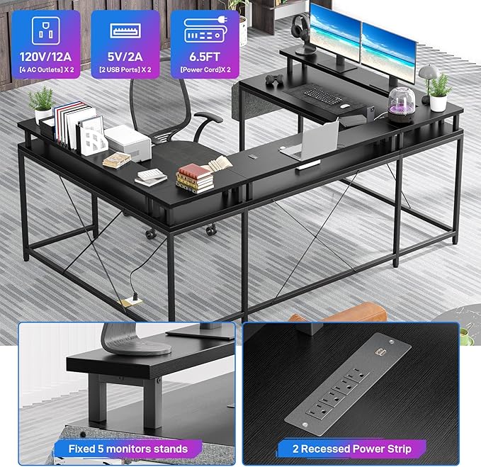 U Shaped Computer Gaming Desk, Reversible L Shaped Desk with Power Outlets, LED Strip & Monitor Stand, Large Corner Desk with Storage Shelves for Home Office, Black - LeafyLoom