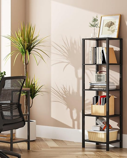 TUTOTAK Bookshelf, 5-Tier Tall Book Shelf, Narrow Bookcase for Small Space, DIY Stackable Bookshelf, for Living Room, Office, Study, Entryway, Industrial, Black BS01BK005 - LeafyLoom