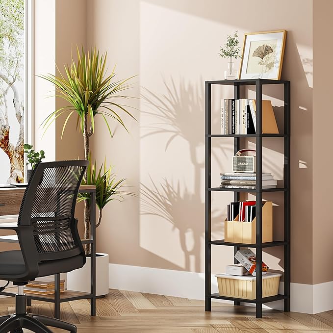 TUTOTAK Bookshelf, 5-Tier Tall Book Shelf, Narrow Bookcase for Small Space, DIY Stackable Bookshelf, for Living Room, Office, Study, Entryway, Industrial, Black BS01BK005 - LeafyLoom