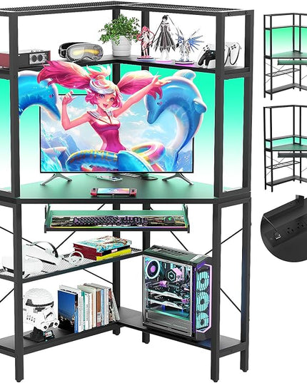 Cyclysio Small Corner Desk with Hutch, Corner Gaming Desk with LED Light & Power Outlets, Computer Desk with Keyboard Tray, Triangel Desk for Small Space, Home Office, Workstation, Black - LeafyLoom