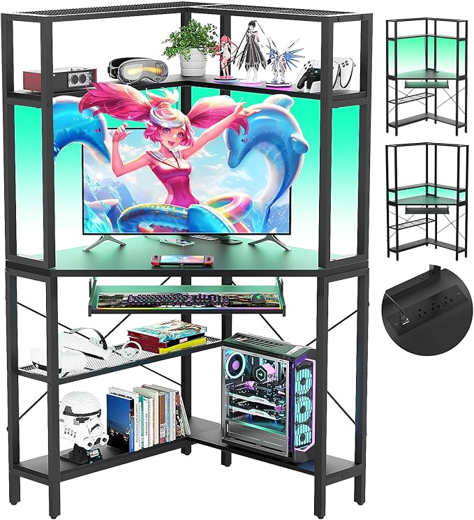 Cyclysio Small Corner Desk with Hutch, Corner Gaming Desk with LED Light & Power Outlets, Computer Desk with Keyboard Tray, Triangel Desk for Small Space, Home Office, Workstation, Black - LeafyLoom