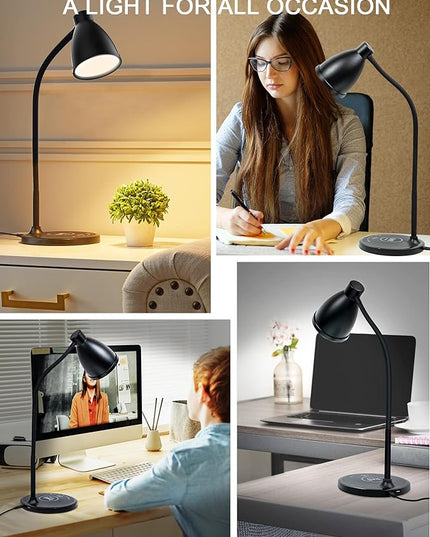 Desk Lamp with USB Charging Port Table Lamp Wireless Charger Dimmable Dorm Lamp 5 Colors 7 Brightness Levels Touch Bedside Table Lamps Gooseneck Reading Light for Home Office - LeafyLoom