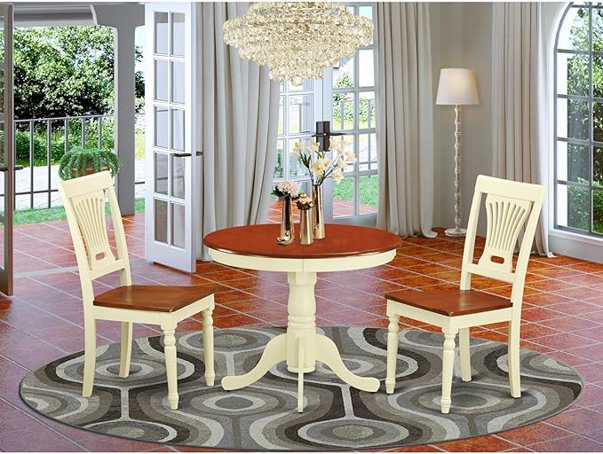 East West Furniture Antique 3 Piece Set Contains a Round Dining Room Table with Pedestal and 2 Wood Seat Chairs, 36x36 Inch, Buttermilk & Cherry - LeafyLoom