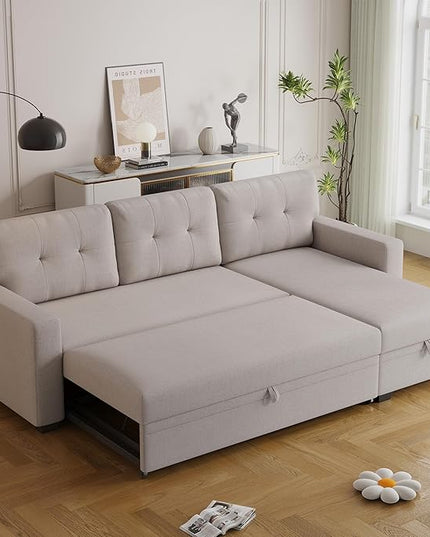 82" Sectional Sofa with Storage Chaise & Pull-Out Bed,L-Shape Convertible 3 Seater Couch W/Tufted Backrest,Reversible Sleeper for Living Room Apartment Office, Beige3 - LeafyLoom