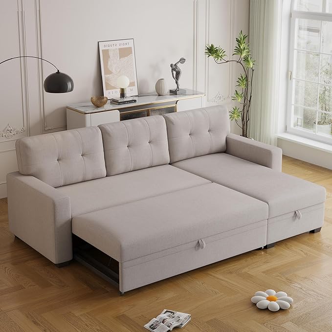 82" Sectional Sofa with Storage Chaise & Pull-Out Bed,L-Shape Convertible 3 Seater Couch W/Tufted Backrest,Reversible Sleeper for Living Room Apartment Office, Beige3 - LeafyLoom