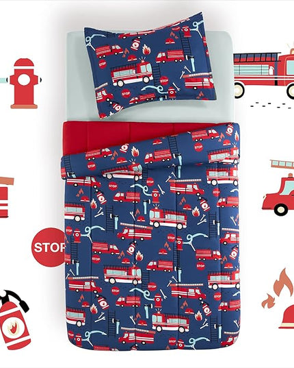 SLEEP ZONE Kids Bedding Comforter Set Full/Queen Size - Super Soft & Cute Printed 3-Piece Comforter Set All Seasons for Boys, Girls, Fade Resistant, Machine Washable, Fire Truck - LeafyLoom