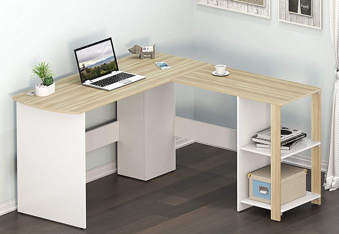 SHW L-Shaped Home Office Corner Desk Wood Top, Oak - LeafyLoom